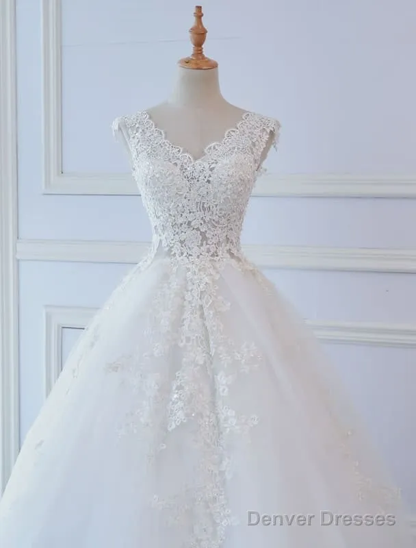 Princess Wedding Dresses Ball Gowns Lace V Neck Sleeveless Floor Length Bridal Gowns