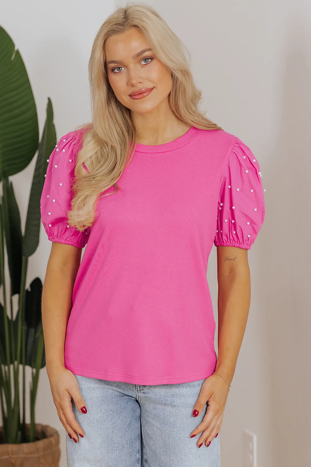 Ribbed Beaded Puff Sleeve Top