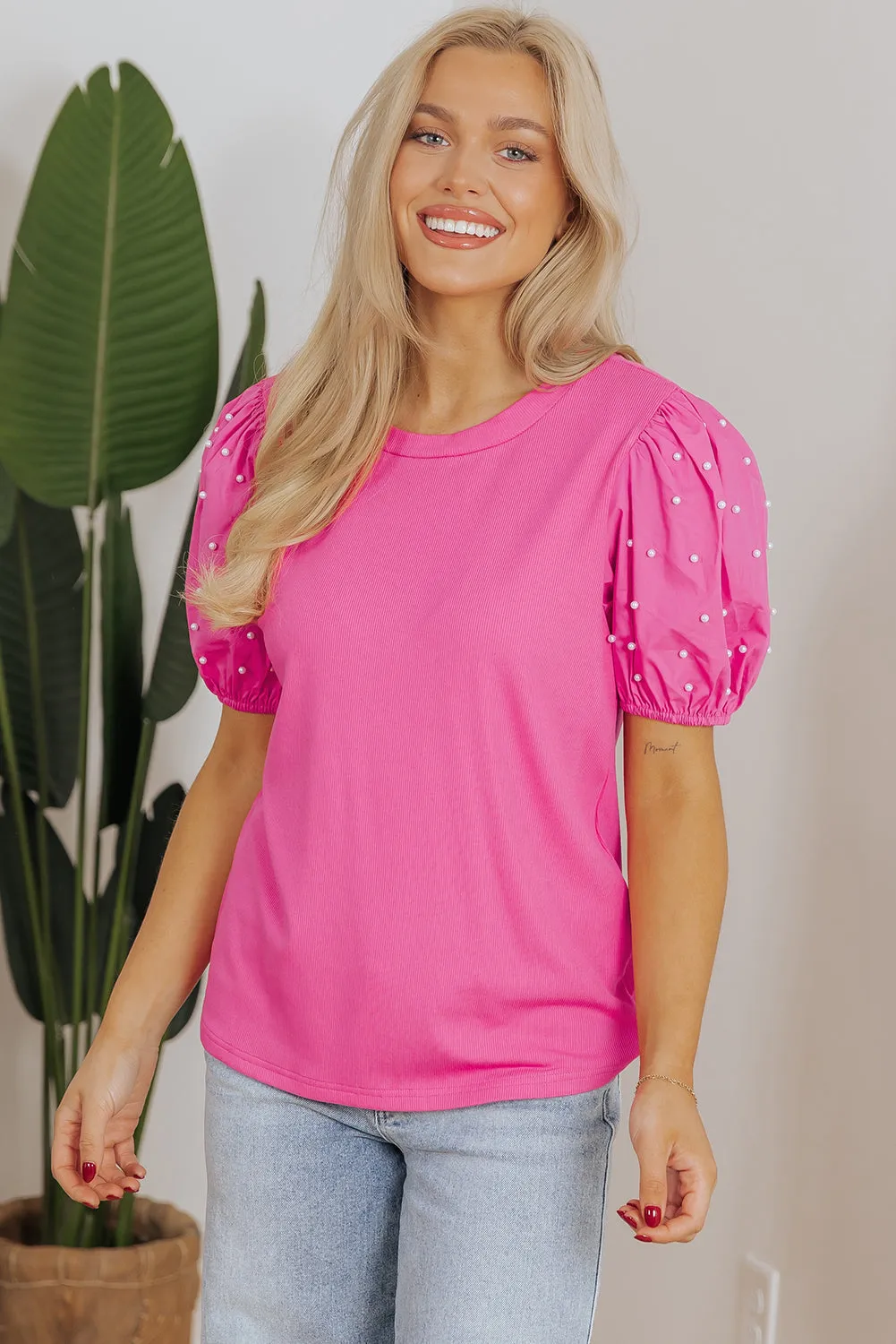 Ribbed Beaded Puff Sleeve Top