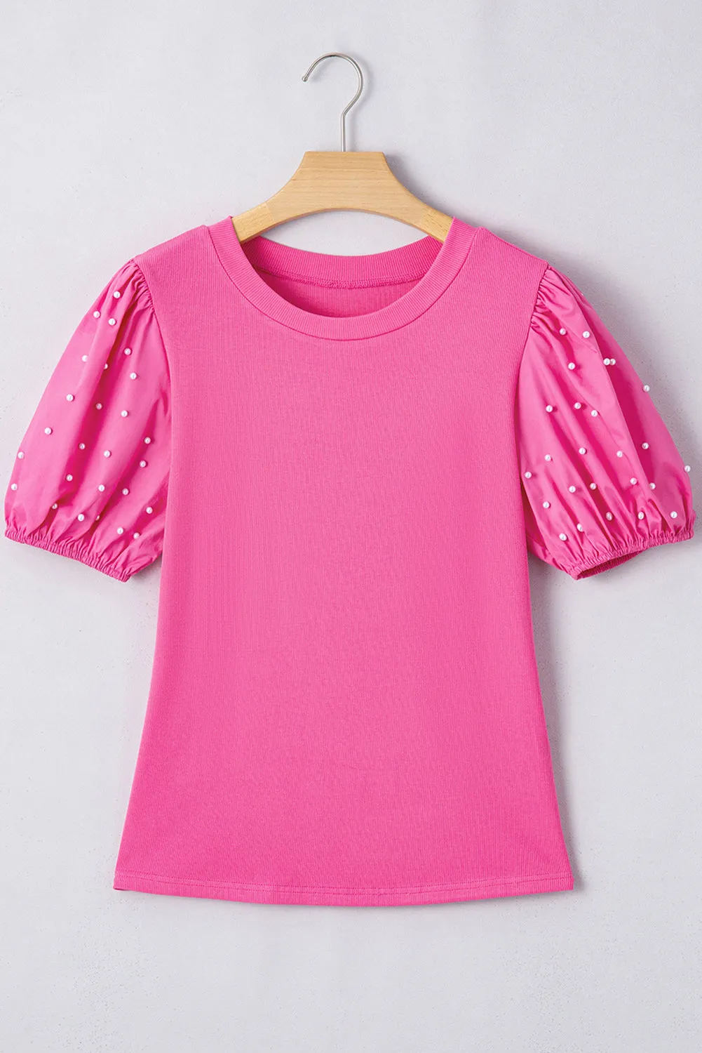 Ribbed Beaded Puff Sleeve Top