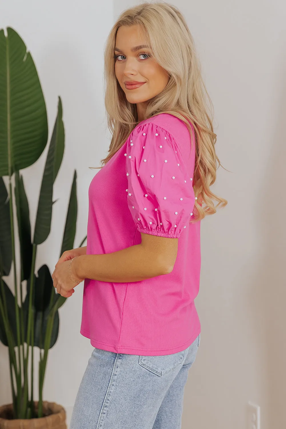 Ribbed Beaded Puff Sleeve Top