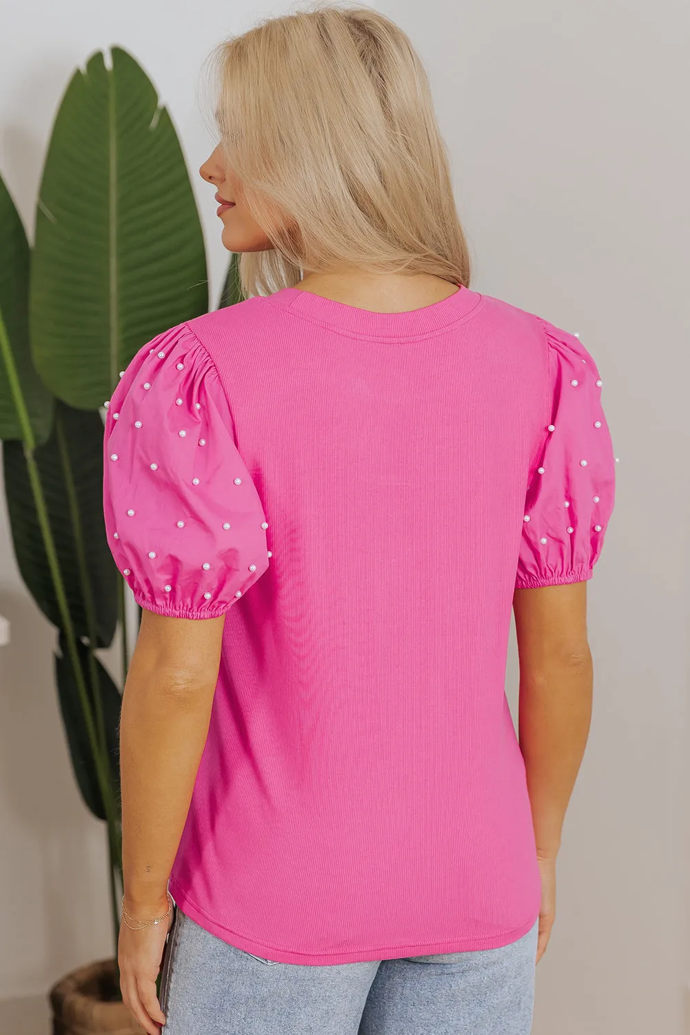 Ribbed Beaded Puff Sleeve Top