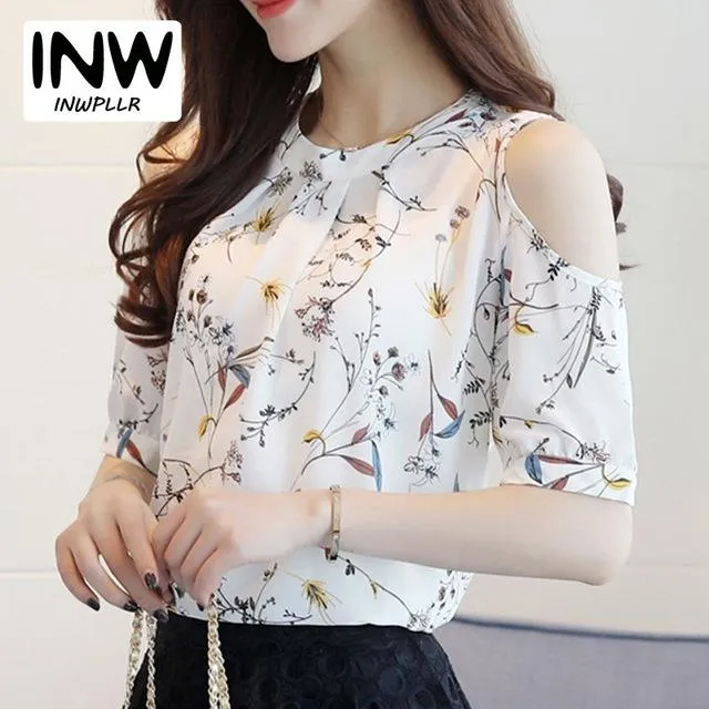 Summer Style 2017 Floral Shirt For Womens Elegant Open Shoulder Blouses Chiffon Print Blusas Women Ete Plus Size Female Tops