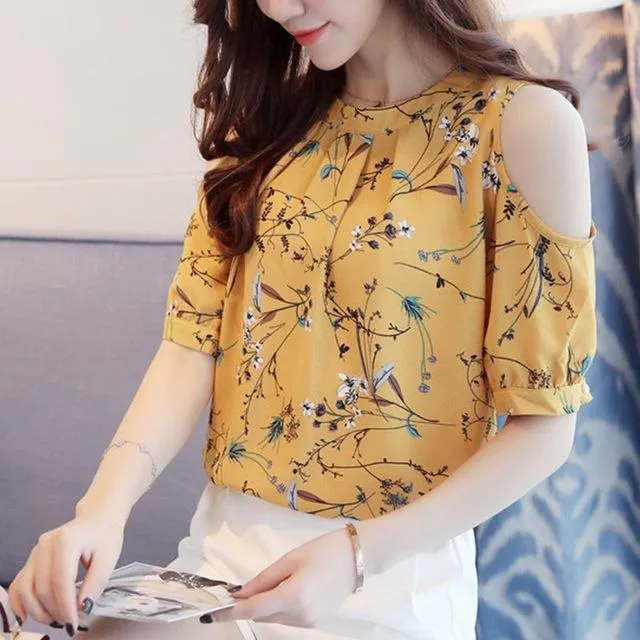 Summer Style 2017 Floral Shirt For Womens Elegant Open Shoulder Blouses Chiffon Print Blusas Women Ete Plus Size Female Tops
