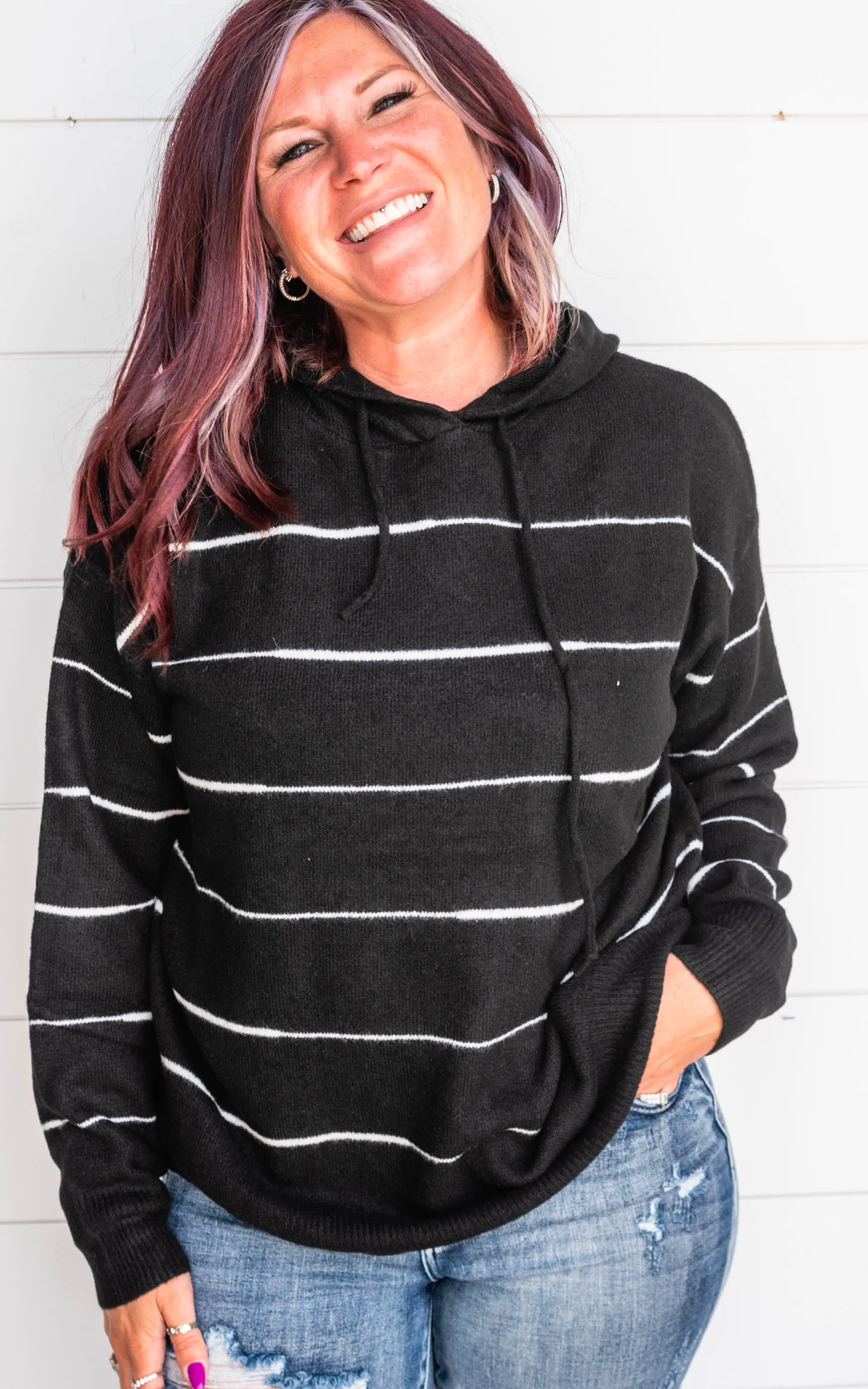Super Soft Black & Ivory Stripe Hoodie - Final Sale