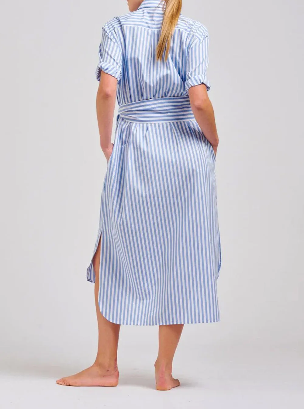 The Annie Relaxed Short Sleeve Shirtdress - Pale Blue Stripe