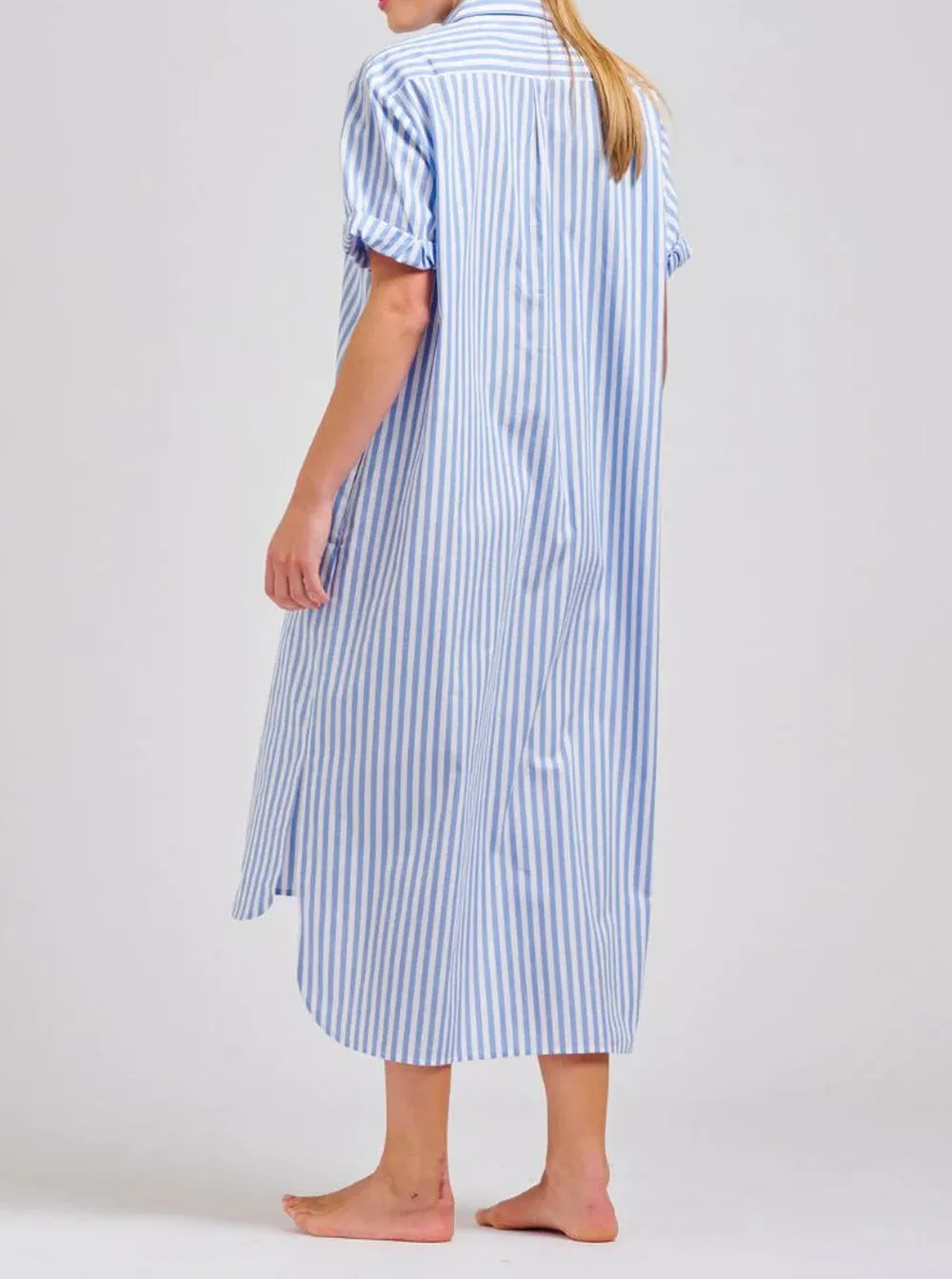 The Annie Relaxed Short Sleeve Shirtdress - Pale Blue Stripe