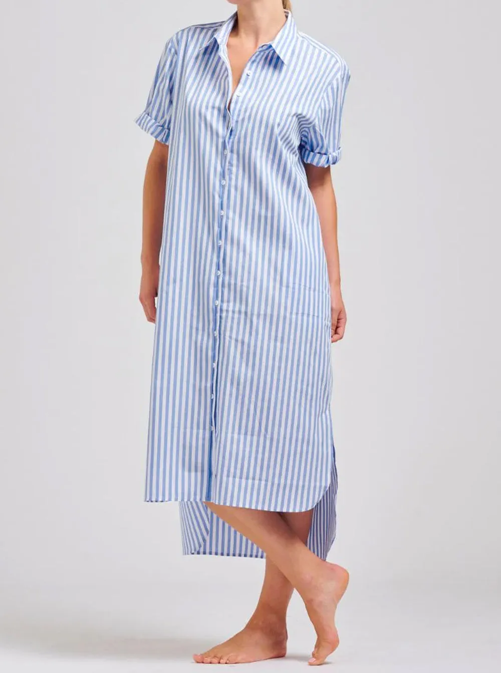 The Annie Relaxed Short Sleeve Shirtdress - Pale Blue Stripe