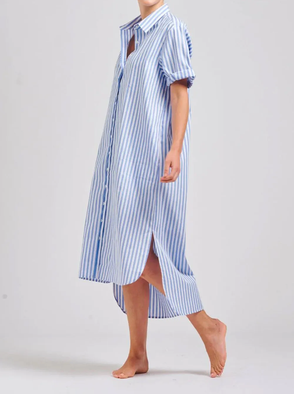 The Annie Relaxed Short Sleeve Shirtdress - Pale Blue Stripe