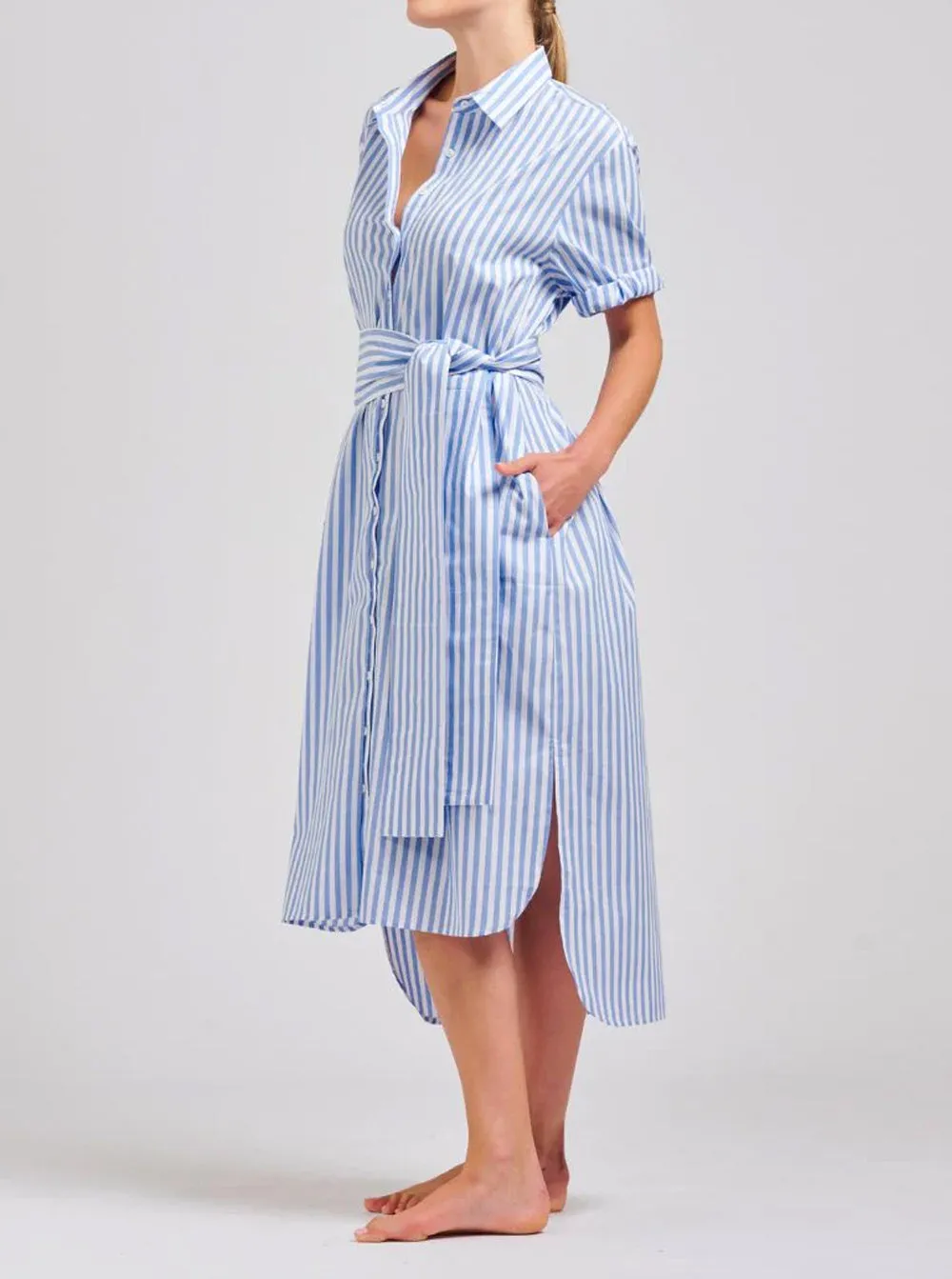 The Annie Relaxed Short Sleeve Shirtdress - Pale Blue Stripe