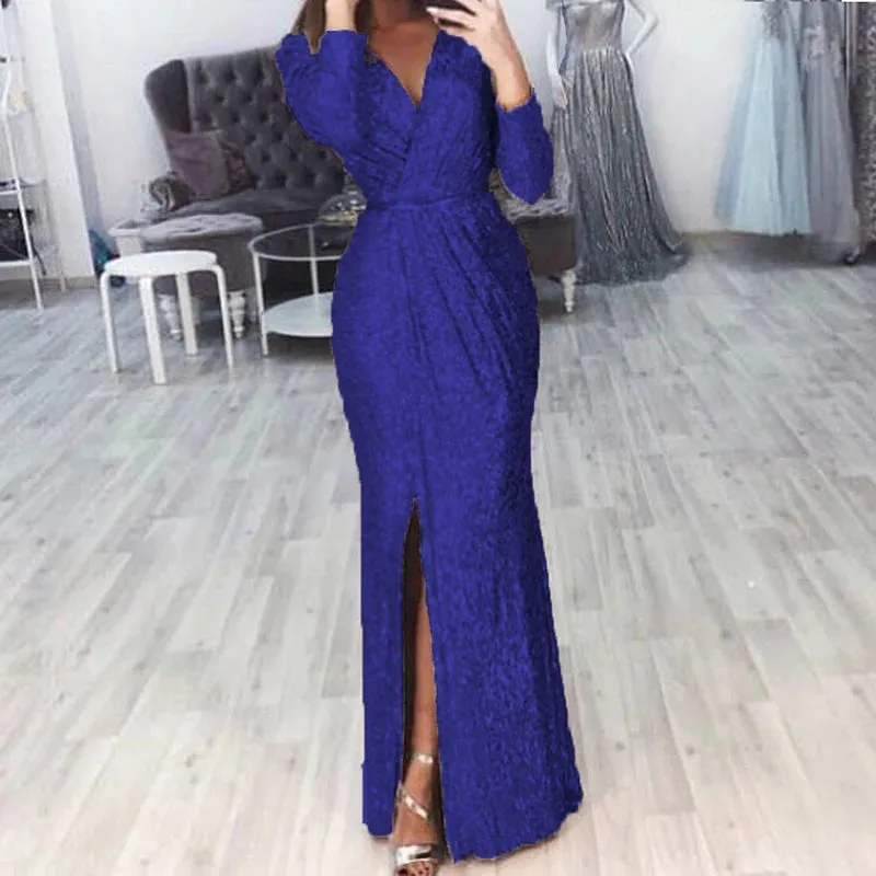 UAKISS  -  Chic Ladies Glitter Sequins Party Gowns 2024 High Split Bodycon Evening Dress Women Elegant Long Sleeve High Waist Banquet Dress