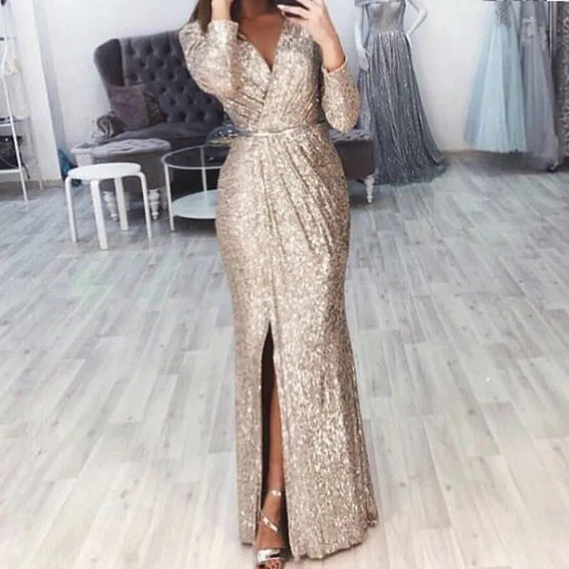 UAKISS  -  Chic Ladies Glitter Sequins Party Gowns 2024 High Split Bodycon Evening Dress Women Elegant Long Sleeve High Waist Banquet Dress