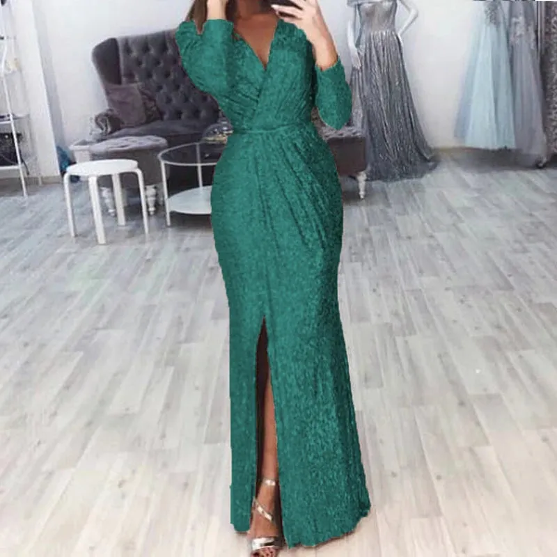 UAKISS  -  Chic Ladies Glitter Sequins Party Gowns 2024 High Split Bodycon Evening Dress Women Elegant Long Sleeve High Waist Banquet Dress