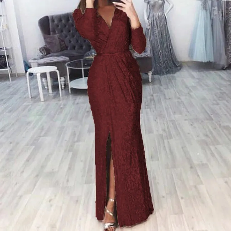 UAKISS  -  Chic Ladies Glitter Sequins Party Gowns 2024 High Split Bodycon Evening Dress Women Elegant Long Sleeve High Waist Banquet Dress