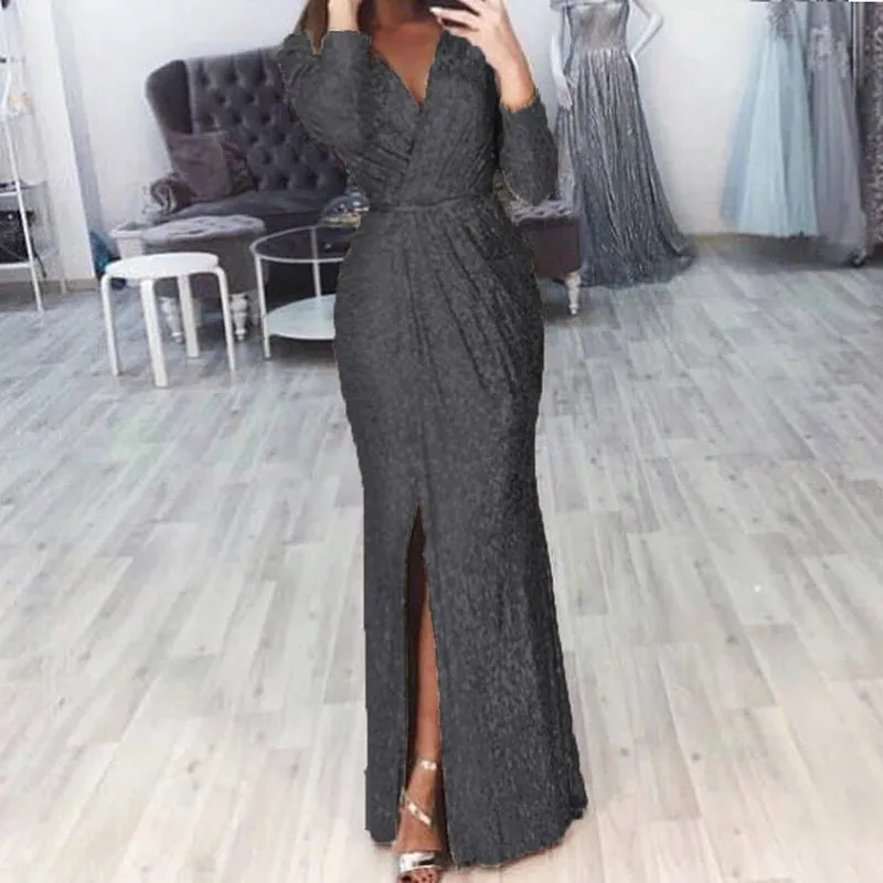 UAKISS  -  Chic Ladies Glitter Sequins Party Gowns 2024 High Split Bodycon Evening Dress Women Elegant Long Sleeve High Waist Banquet Dress