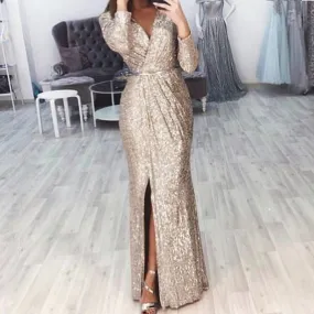 UAKISS  -  Chic Ladies Glitter Sequins Party Gowns 2024 High Split Bodycon Evening Dress Women Elegant Long Sleeve High Waist Banquet Dress