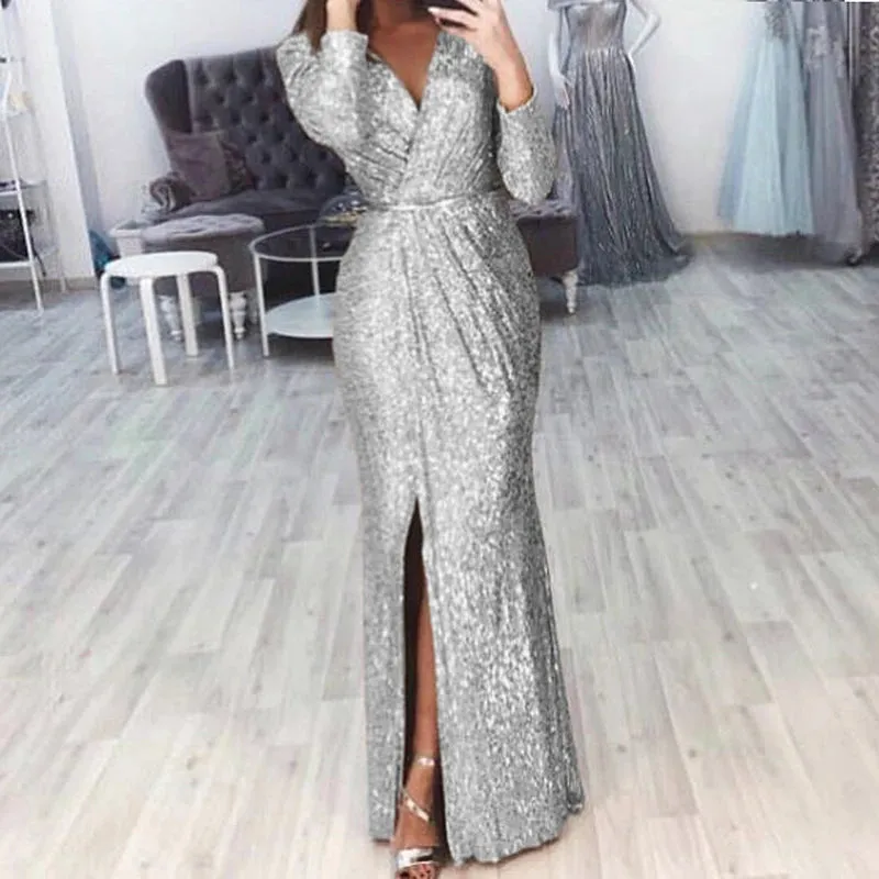 UAKISS  -  Chic Ladies Glitter Sequins Party Gowns 2024 High Split Bodycon Evening Dress Women Elegant Long Sleeve High Waist Banquet Dress