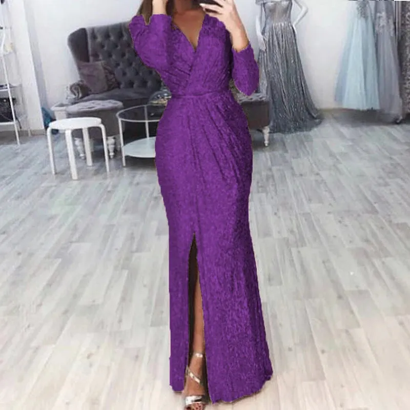UAKISS  -  Chic Ladies Glitter Sequins Party Gowns 2024 High Split Bodycon Evening Dress Women Elegant Long Sleeve High Waist Banquet Dress