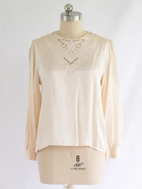 Vintage Round Neck Cuff Sleeve Embroidered Silk Blouse