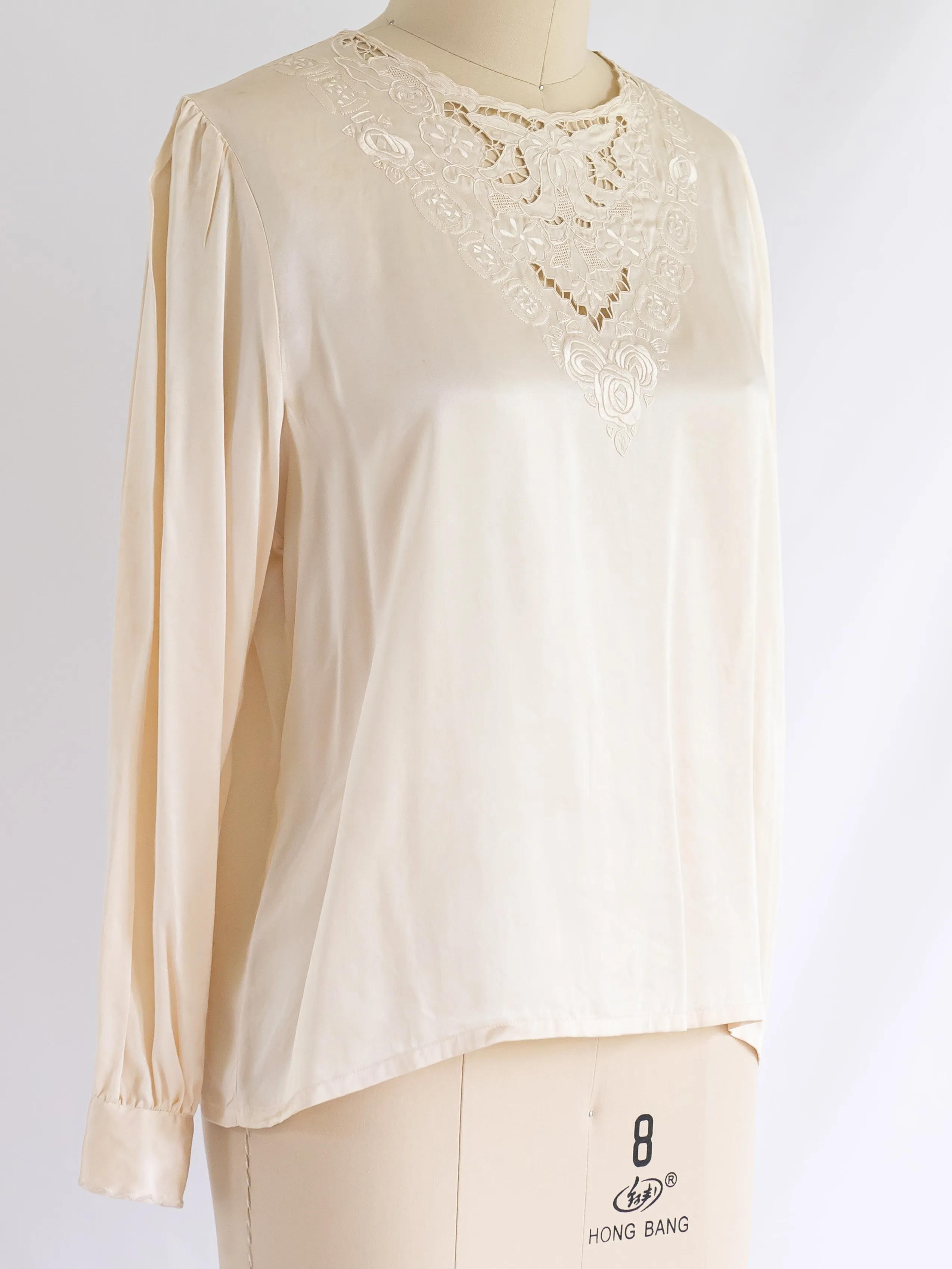 Vintage Round Neck Cuff Sleeve Embroidered Silk Blouse